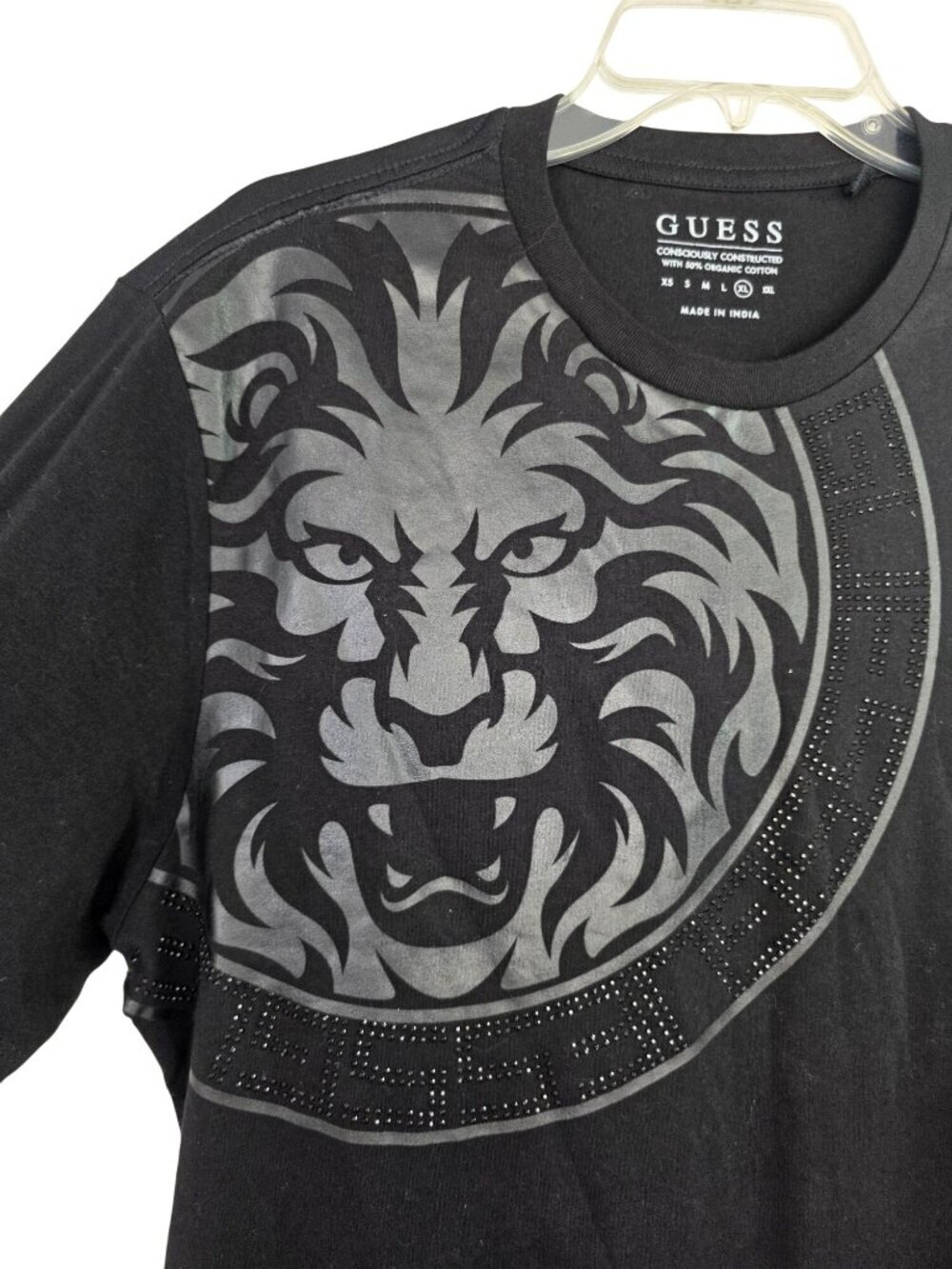 GUESS Women XL Black Lion Graphic Tee Rhinestone Accent Organic 100% Cotton NWOT